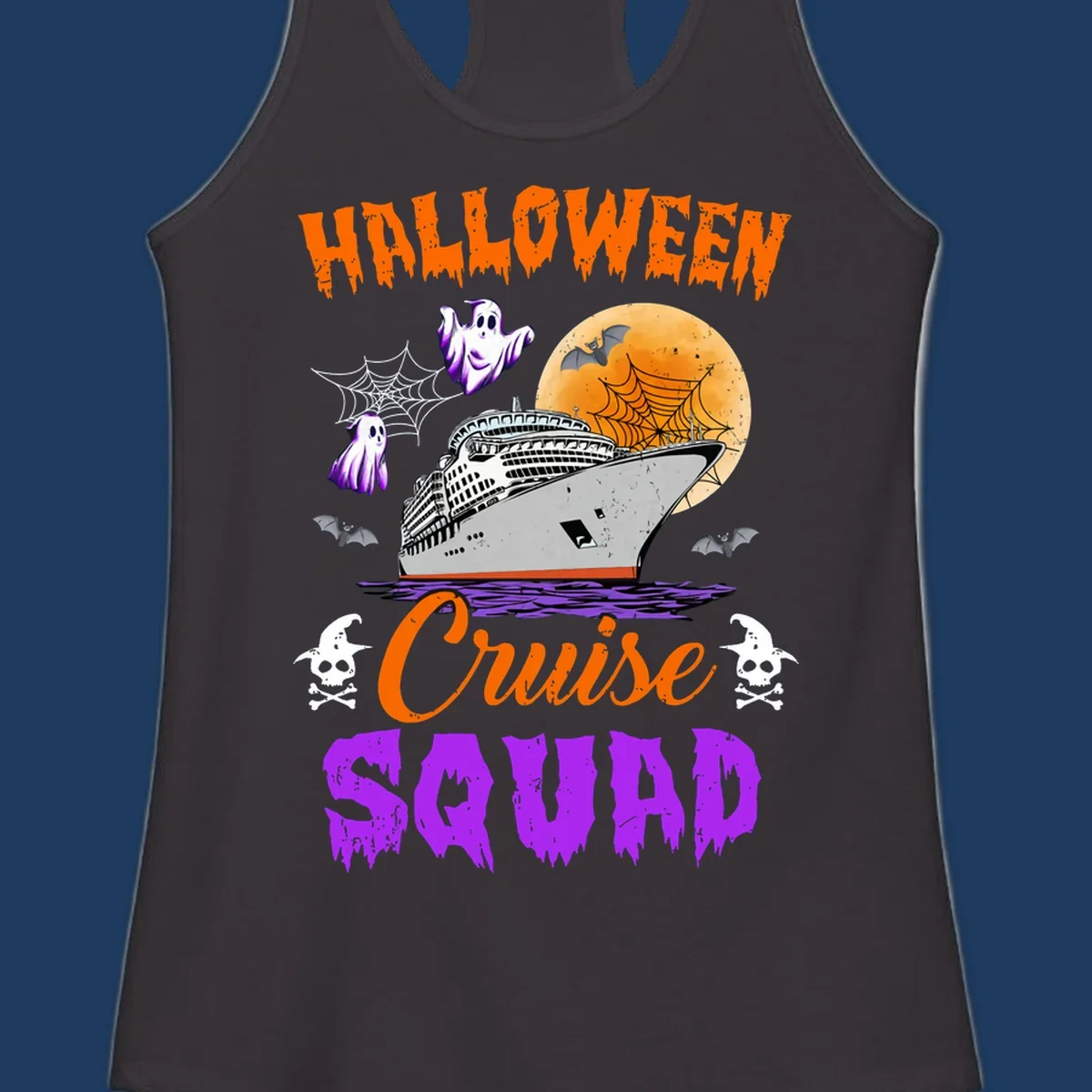Halloween Cruise Squad design with ship, moon, ghosts, bats, and skulls on gray background