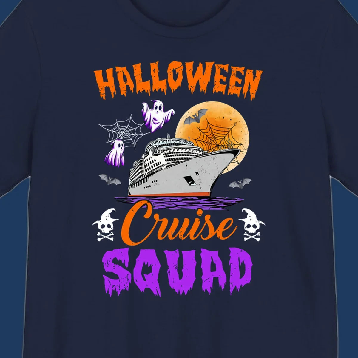 Halloween Cruise Squad design with ship, moon, ghosts, bats, and skulls on gray background