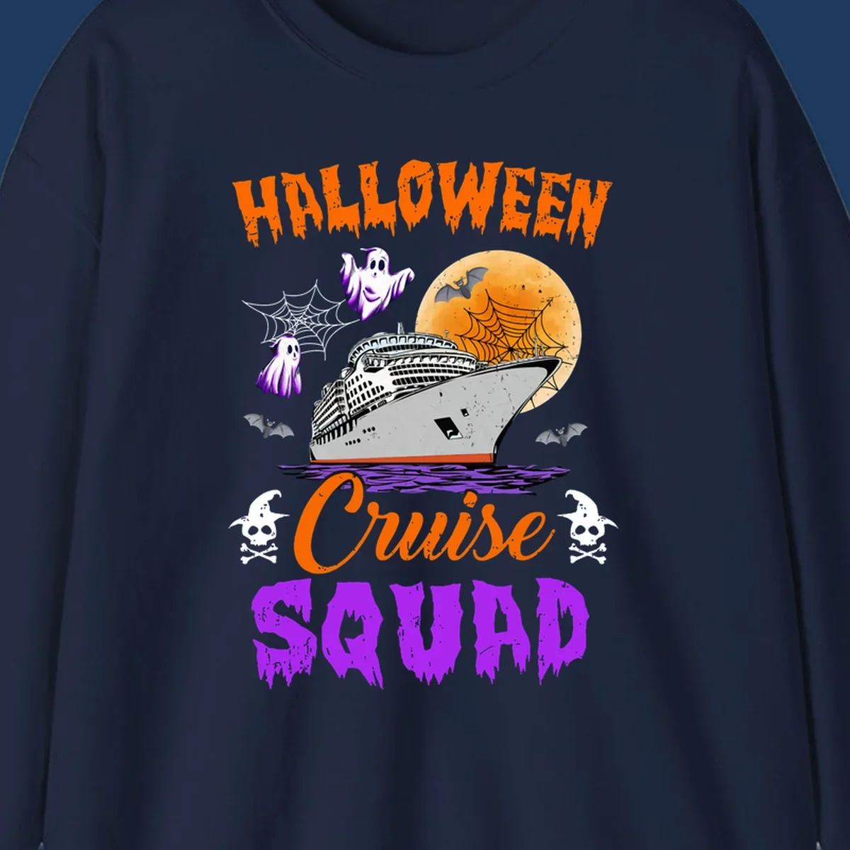 Halloween Cruise Squad design with ship, moon, ghosts, bats, and skulls on gray background