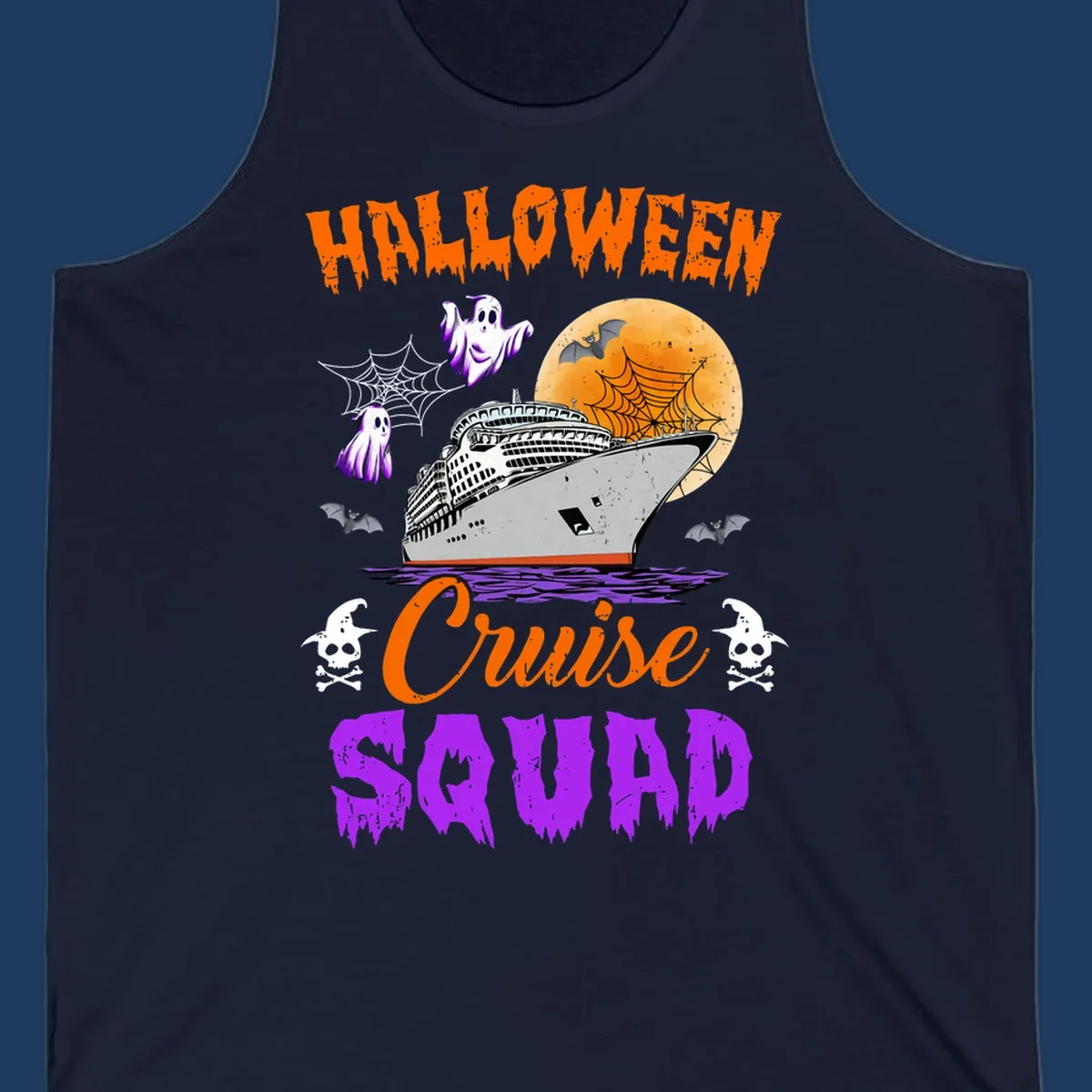 Halloween Cruise Squad design with ship, moon, ghosts, bats, and skulls on gray background