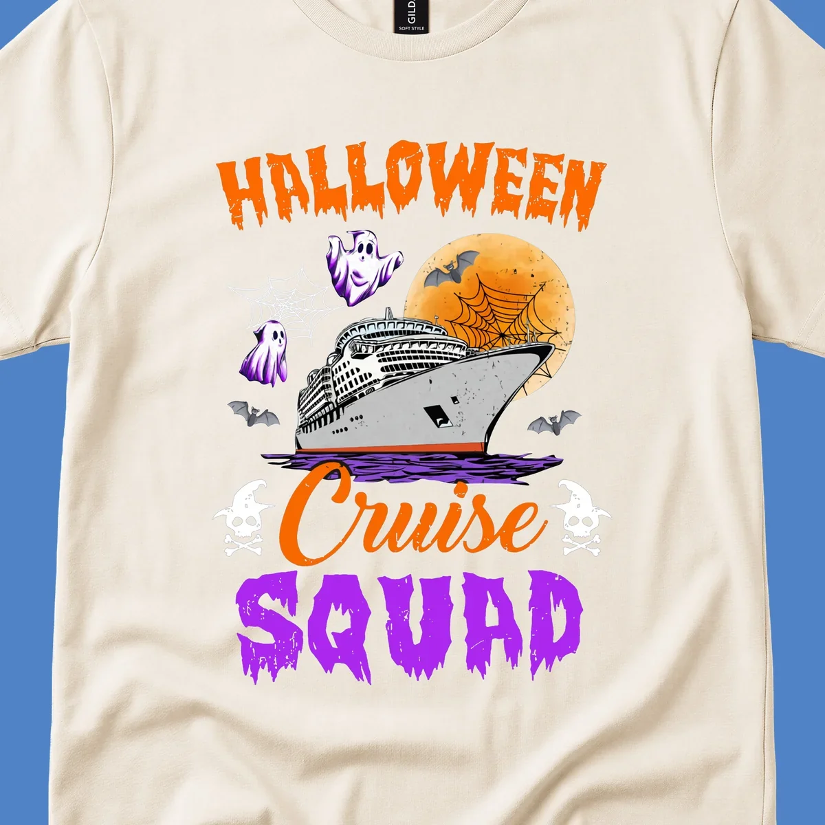Halloween Cruise Squad design with ship, moon, ghosts, bats, and skulls on gray background