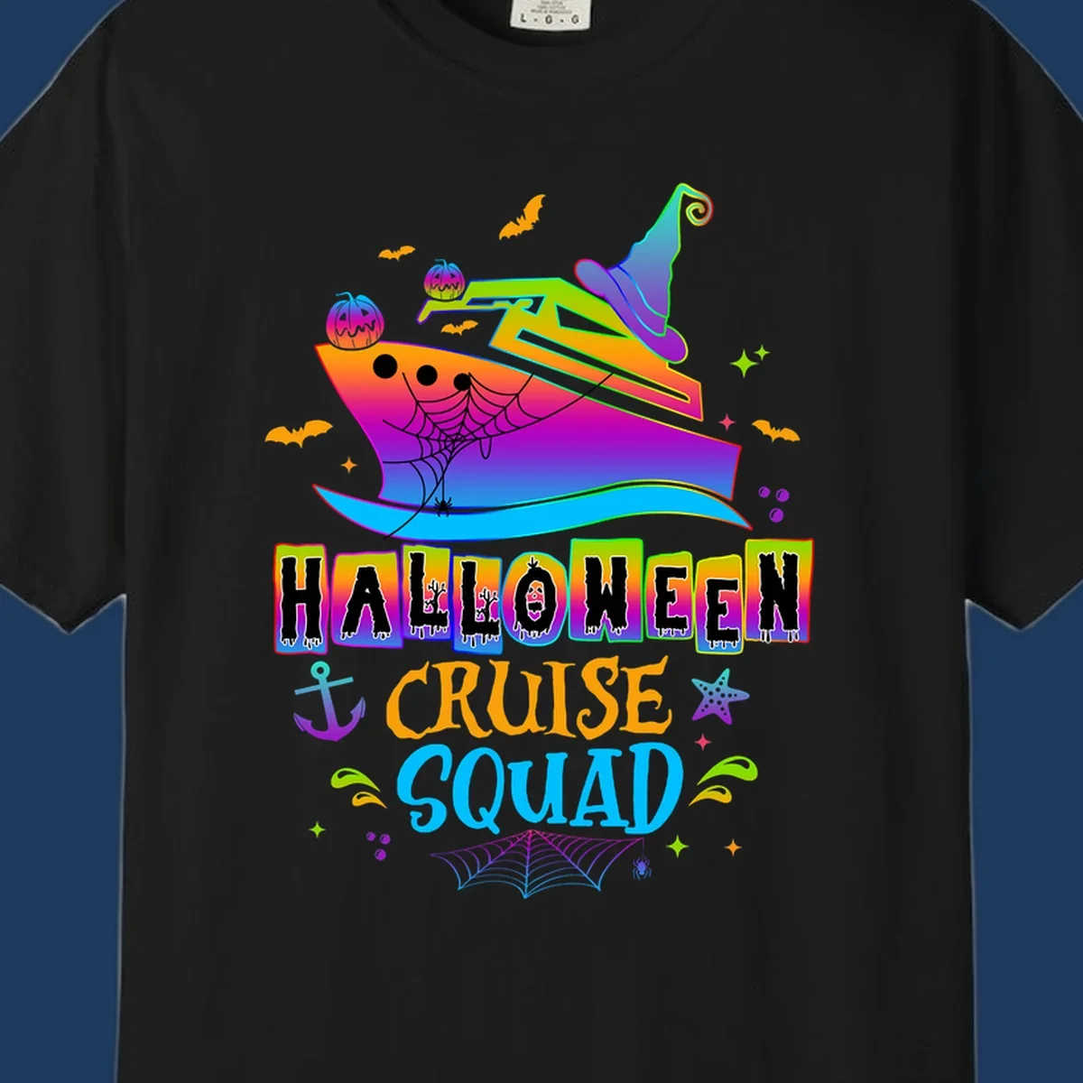 Colorful Halloween cruise squad design with smiling ship, witch hat, jack-o-lanterns, bats, spiders, and festive text