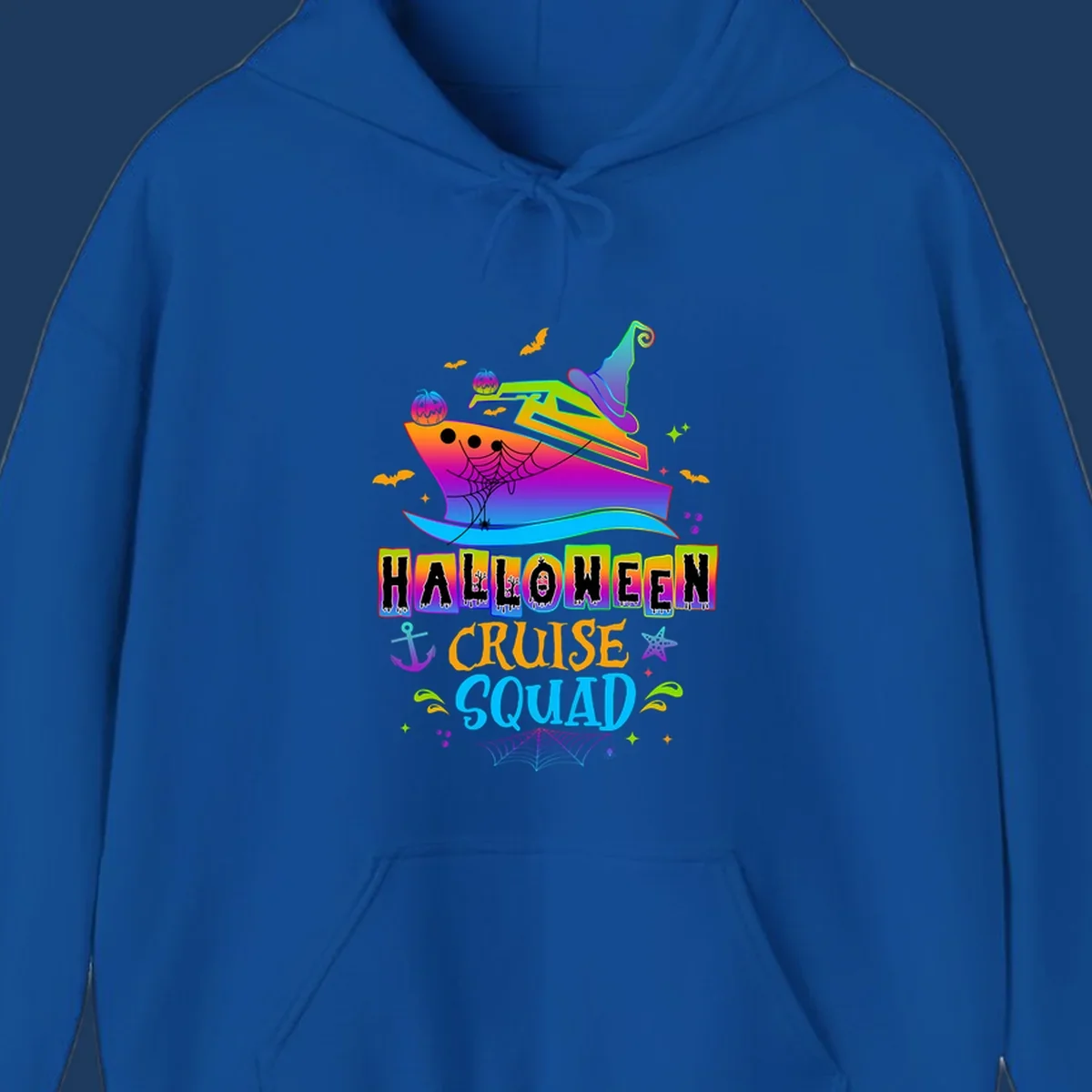 Colorful Halloween cruise squad design with smiling ship, witch hat, jack-o-lanterns, bats, spiders, and festive text