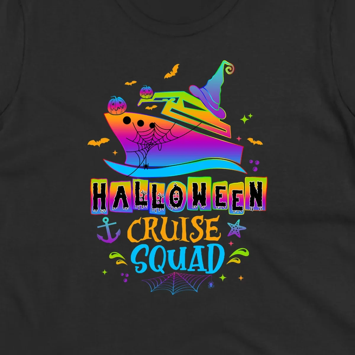Colorful Halloween cruise squad design with smiling ship, witch hat, jack-o-lanterns, bats, spiders, and festive text