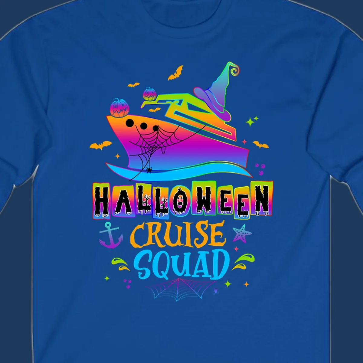 Colorful Halloween cruise squad design with smiling ship, witch hat, jack-o-lanterns, bats, spiders, and festive text