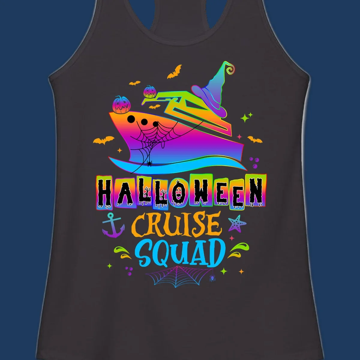 Colorful Halloween cruise squad design with smiling ship, witch hat, jack-o-lanterns, bats, spiders, and festive text