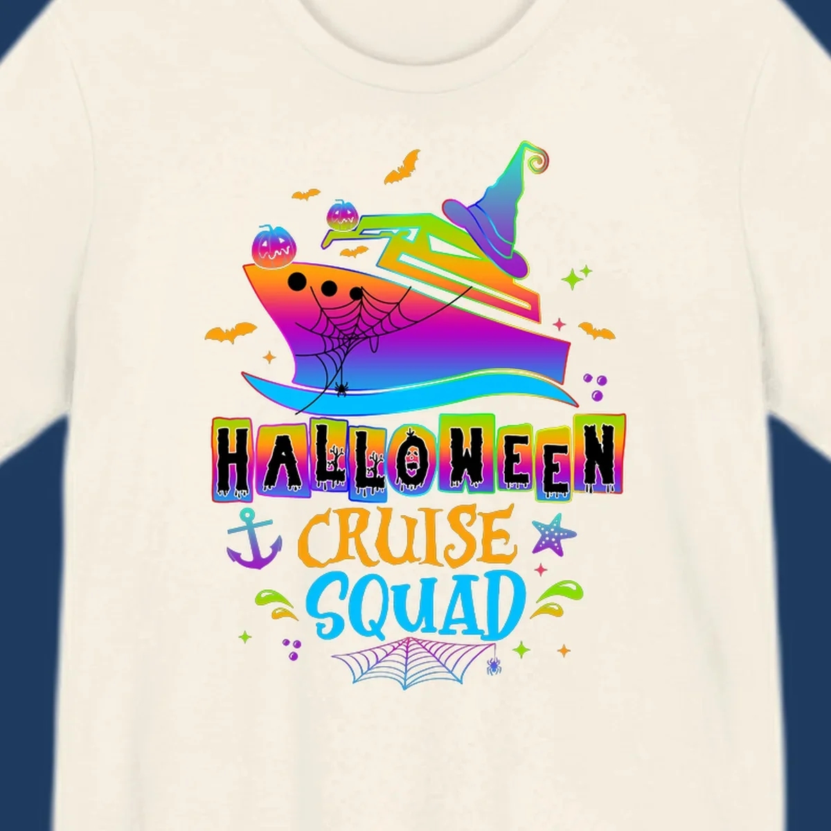 Colorful Halloween cruise squad design with smiling ship, witch hat, jack-o-lanterns, bats, spiders, and festive text