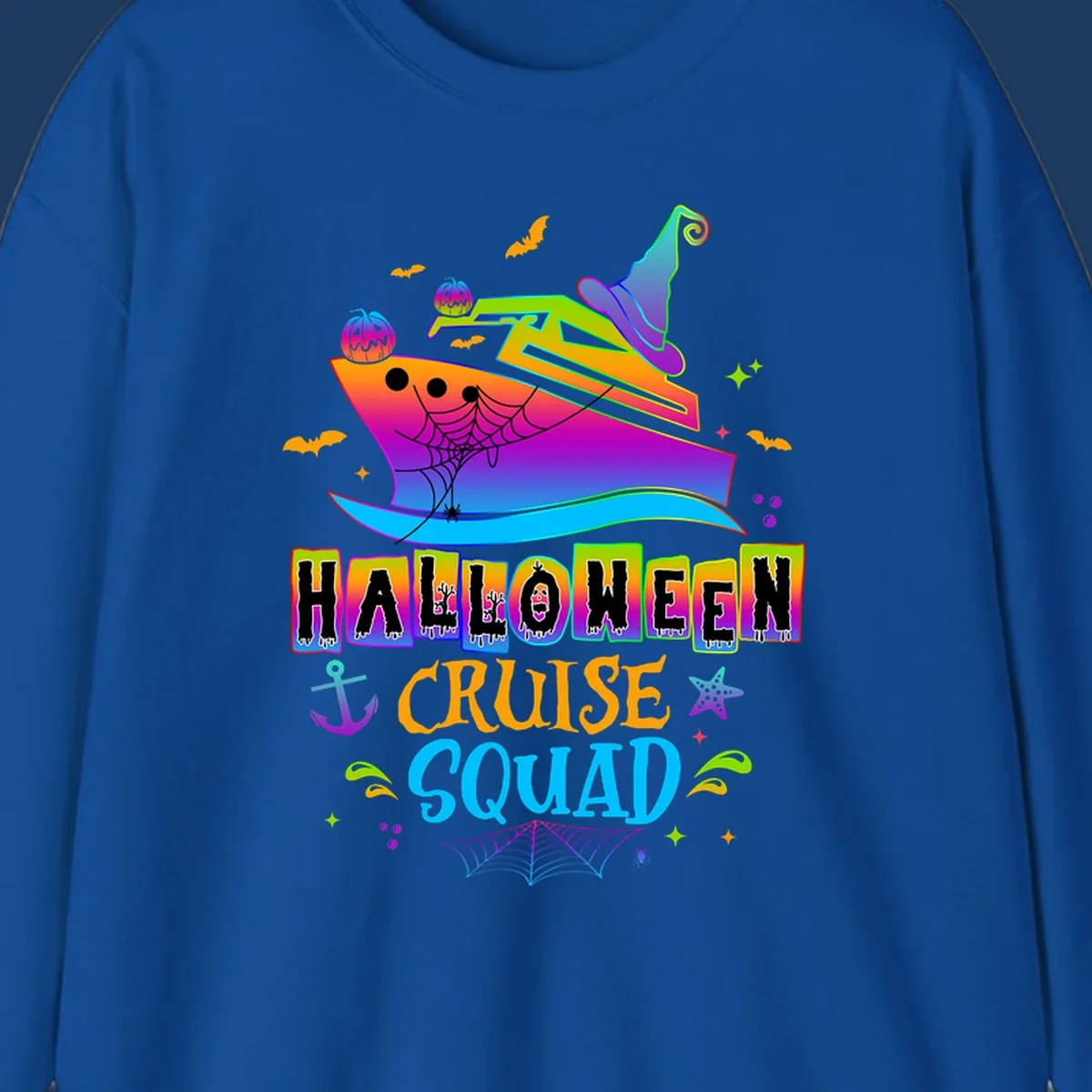 Colorful Halloween cruise squad design with smiling ship, witch hat, jack-o-lanterns, bats, spiders, and festive text
