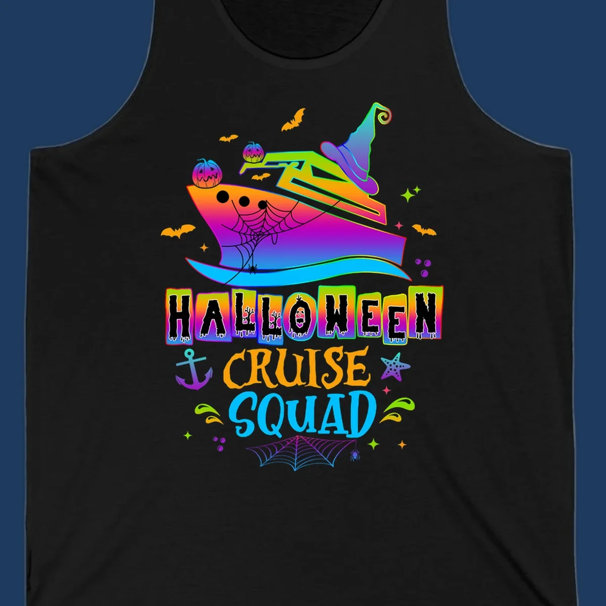 Colorful Halloween cruise squad design with smiling ship, witch hat, jack-o-lanterns, bats, spiders, and festive text