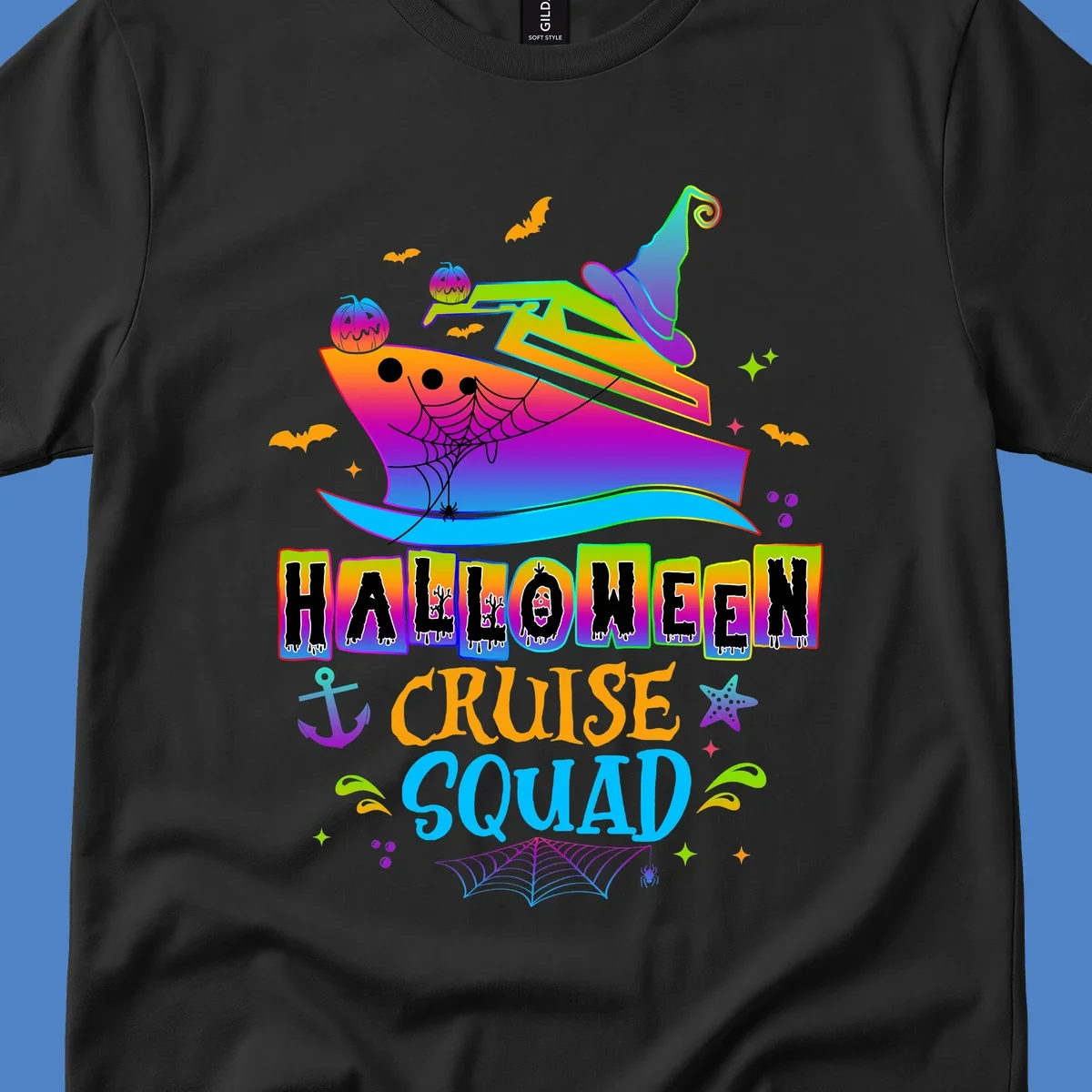 Colorful Halloween cruise squad design with smiling ship, witch hat, jack-o-lanterns, bats, spiders, and festive text