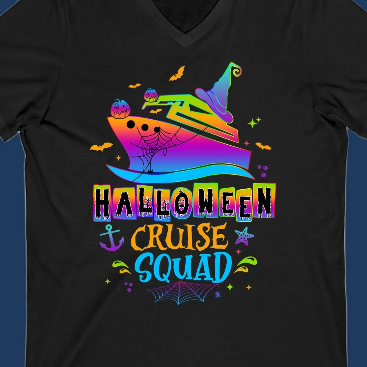 Colorful Halloween cruise squad design with smiling ship, witch hat, jack-o-lanterns, bats, spiders, and festive text
