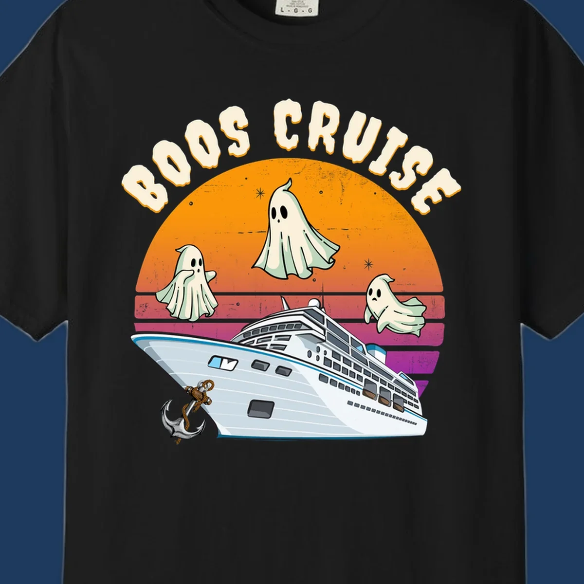 Boo cruise ghosts illustration: three cartoon ghosts floating above a cruise ship with colorful sunset gradient background and text