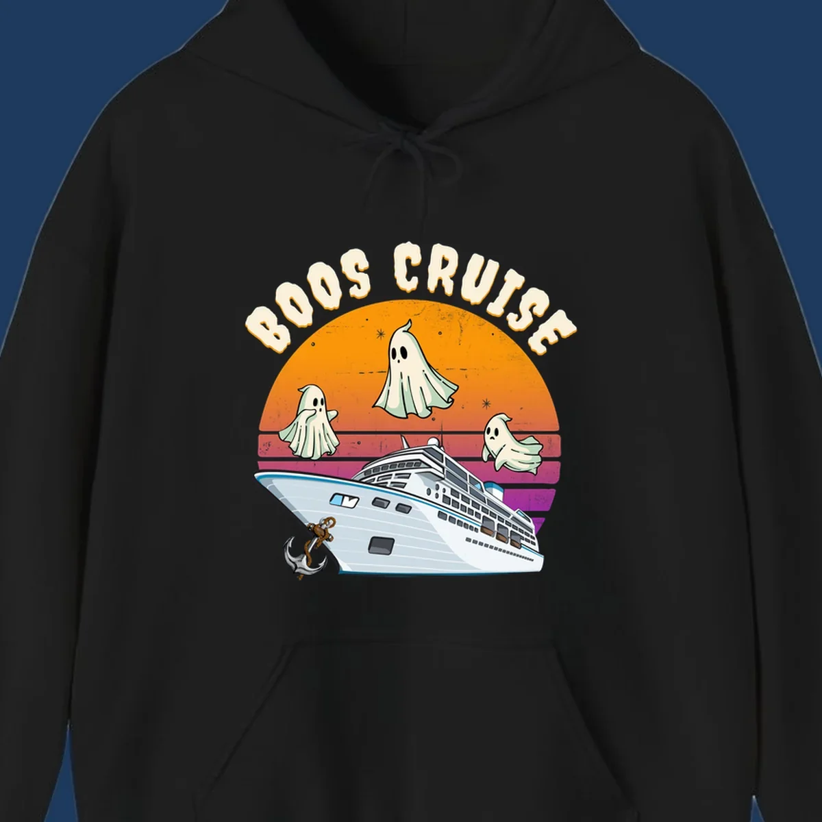 Boo cruise ghosts illustration: three cartoon ghosts floating above a cruise ship with colorful sunset gradient background and text