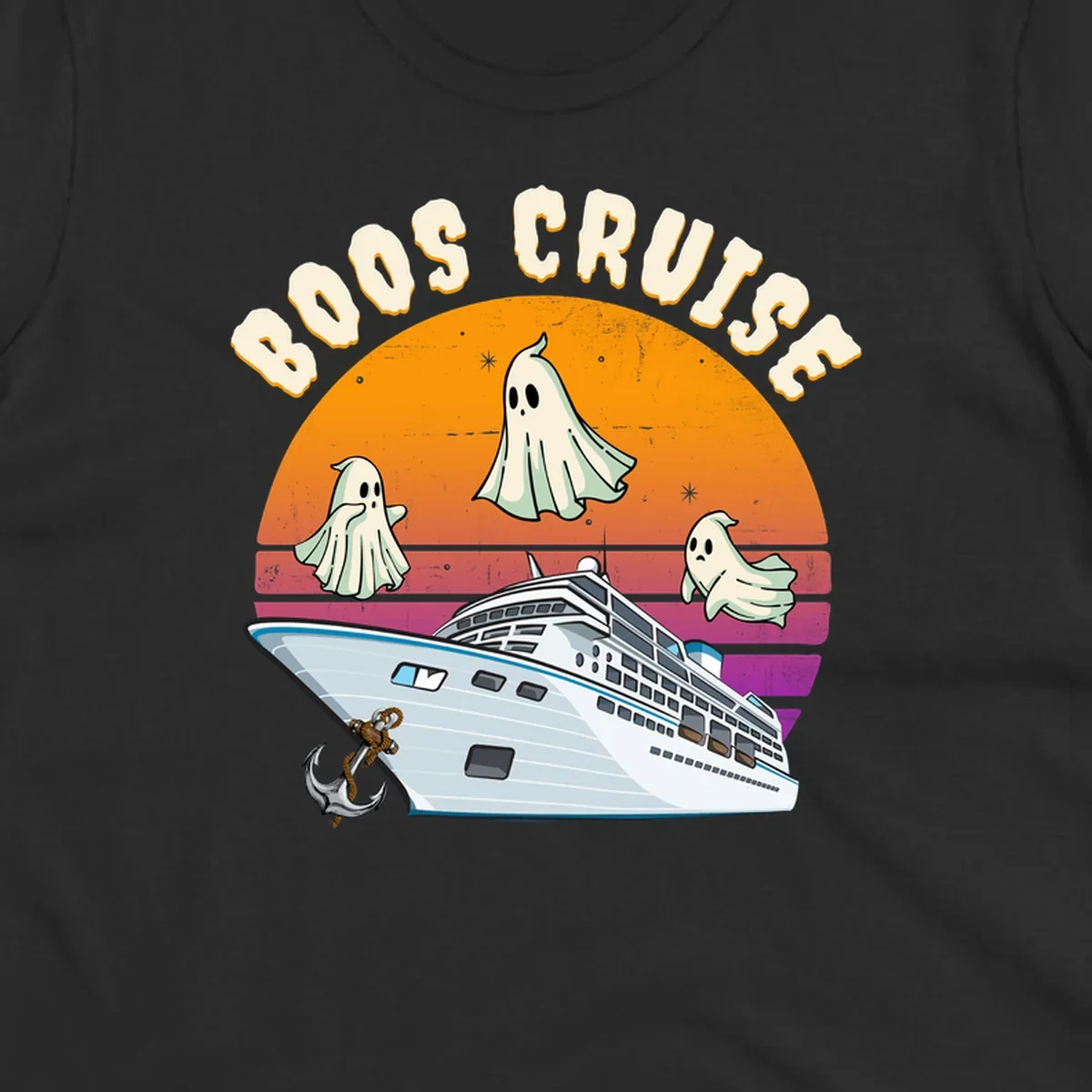 Boo cruise ghosts illustration: three cartoon ghosts floating above a cruise ship with colorful sunset gradient background and text