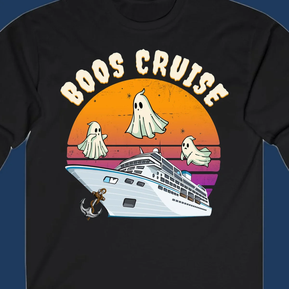 Boo cruise ghosts illustration: three cartoon ghosts floating above a cruise ship with colorful sunset gradient background and text