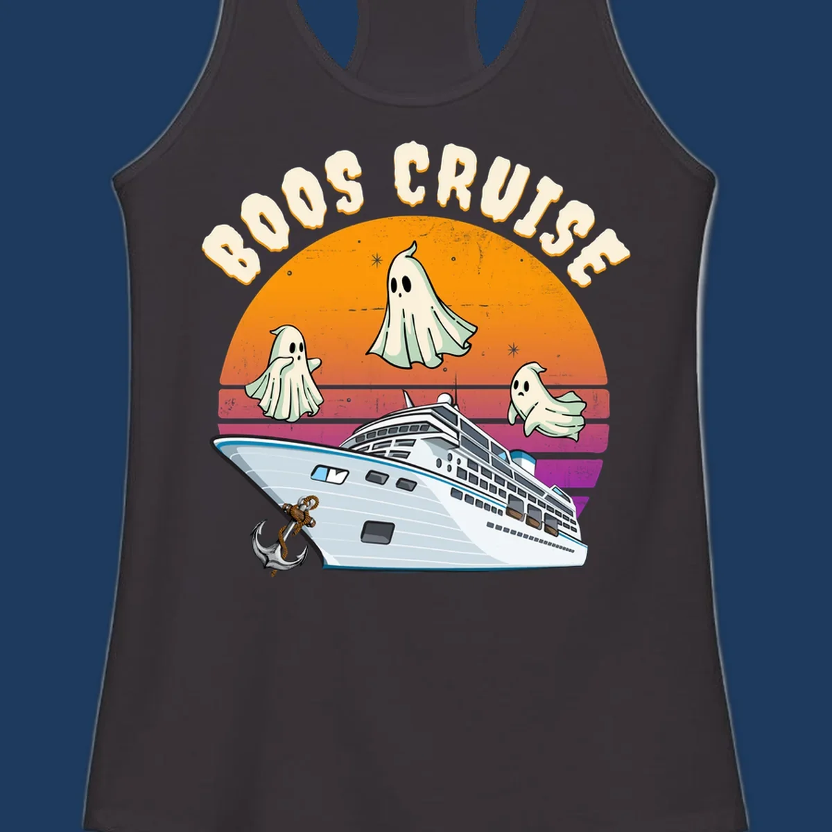 Boo cruise ghosts illustration: three cartoon ghosts floating above a cruise ship with colorful sunset gradient background and text