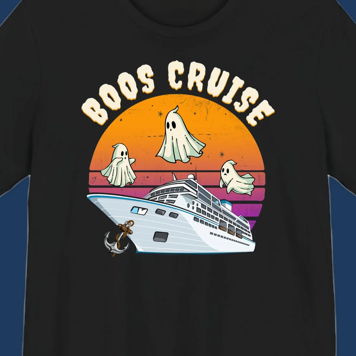 Boo cruise ghosts illustration: three cartoon ghosts floating above a cruise ship with colorful sunset gradient background and text