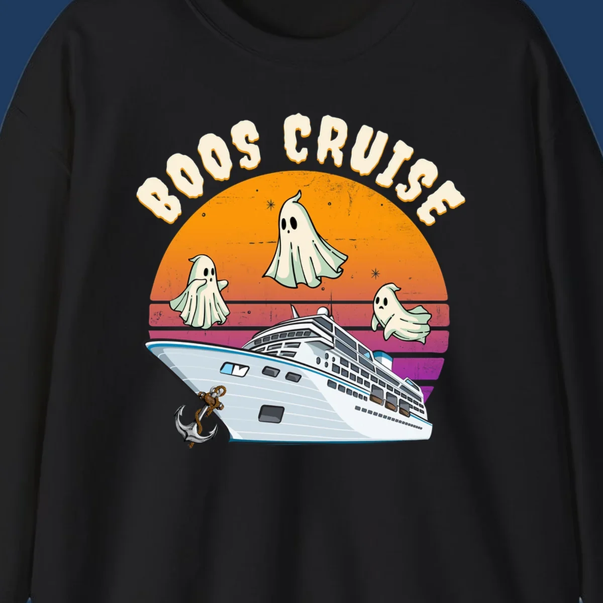 Boo cruise ghosts illustration: three cartoon ghosts floating above a cruise ship with colorful sunset gradient background and text
