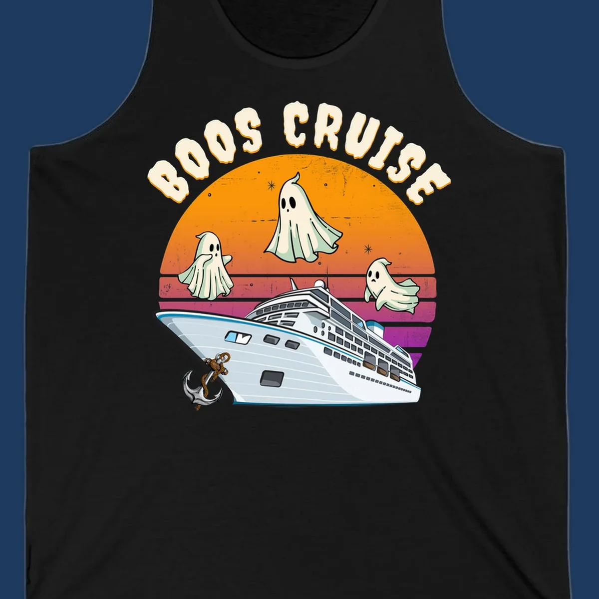 Boo cruise ghosts illustration: three cartoon ghosts floating above a cruise ship with colorful sunset gradient background and text