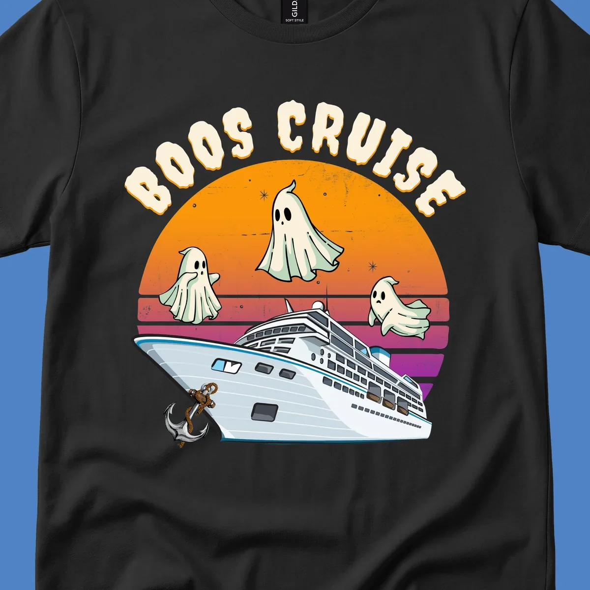 Boo cruise ghosts illustration: three cartoon ghosts floating above a cruise ship with colorful sunset gradient background and text