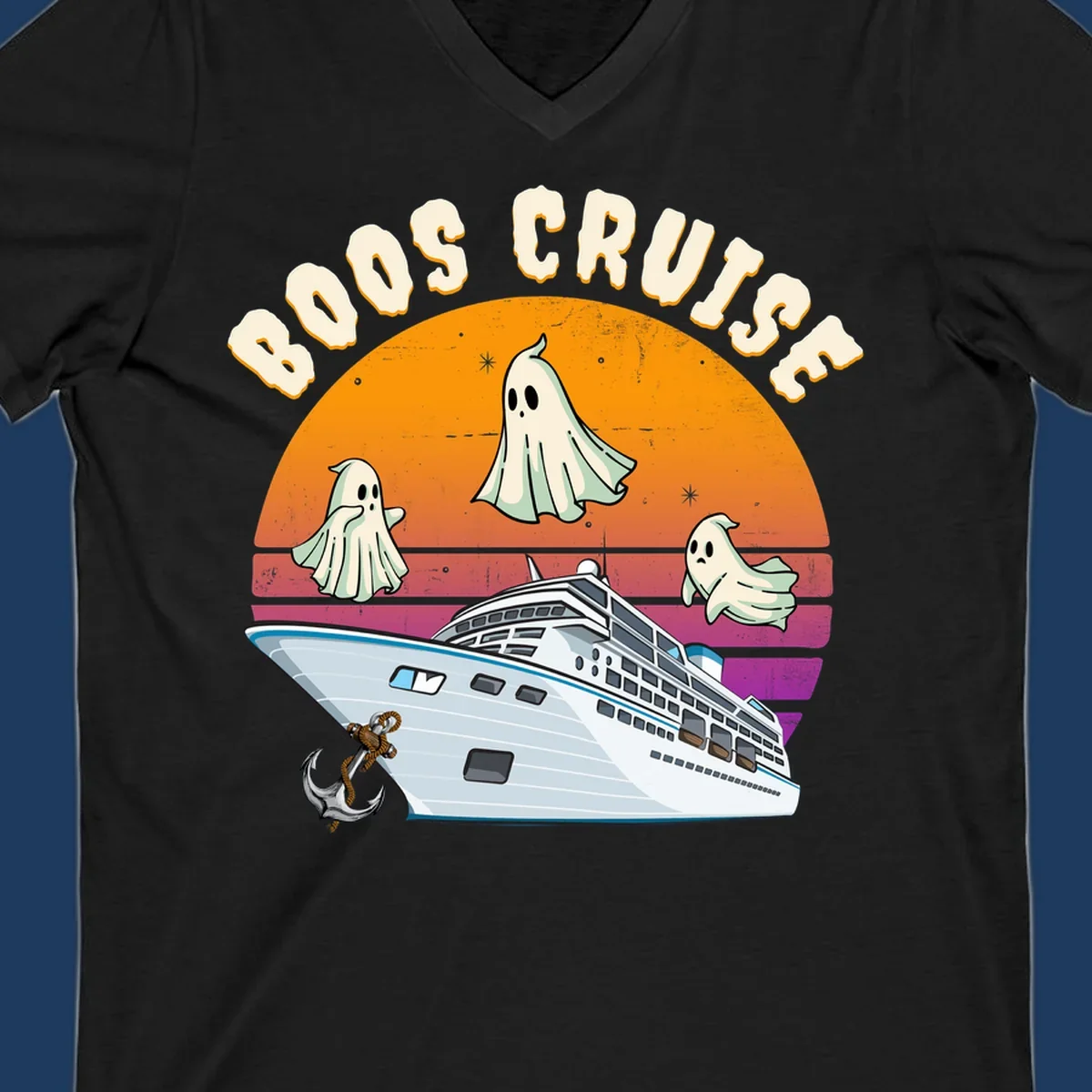 Boo cruise ghosts illustration: three cartoon ghosts floating above a cruise ship with colorful sunset gradient background and text