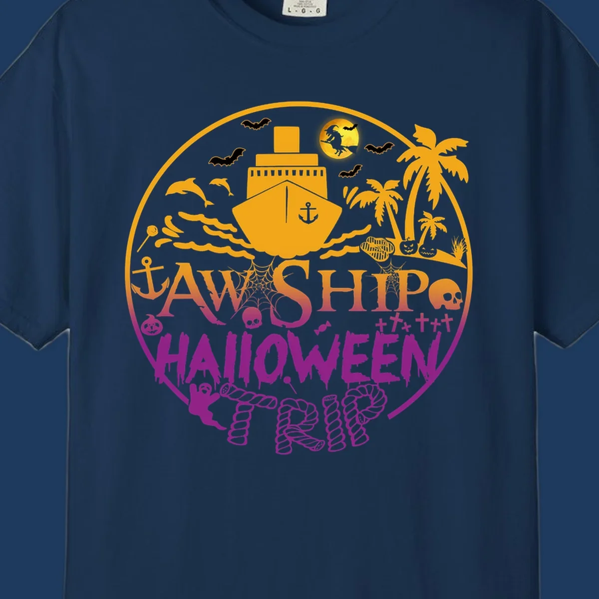 Ship halloween cruise design with witch, bats, skulls, palm trees, and ocean ship illustration in gold and magenta colors