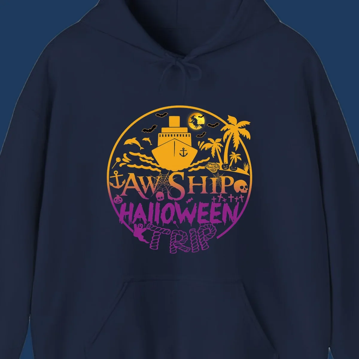 Ship halloween cruise design with witch, bats, skulls, palm trees, and ocean ship illustration in gold and magenta colors