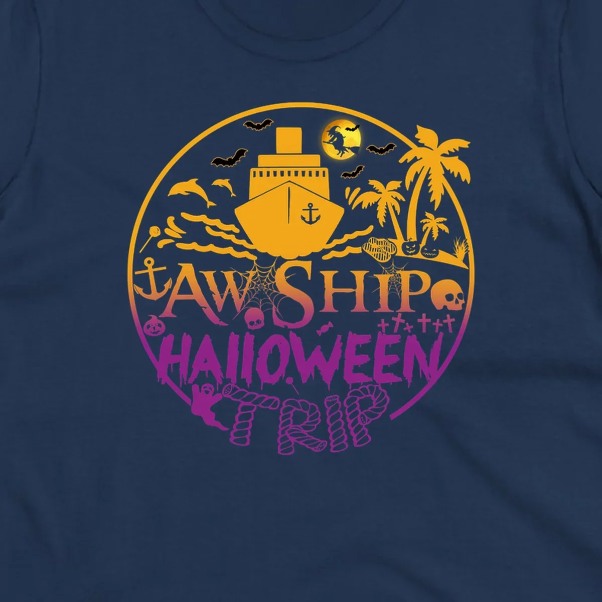 Ship halloween cruise design with witch, bats, skulls, palm trees, and ocean ship illustration in gold and magenta colors