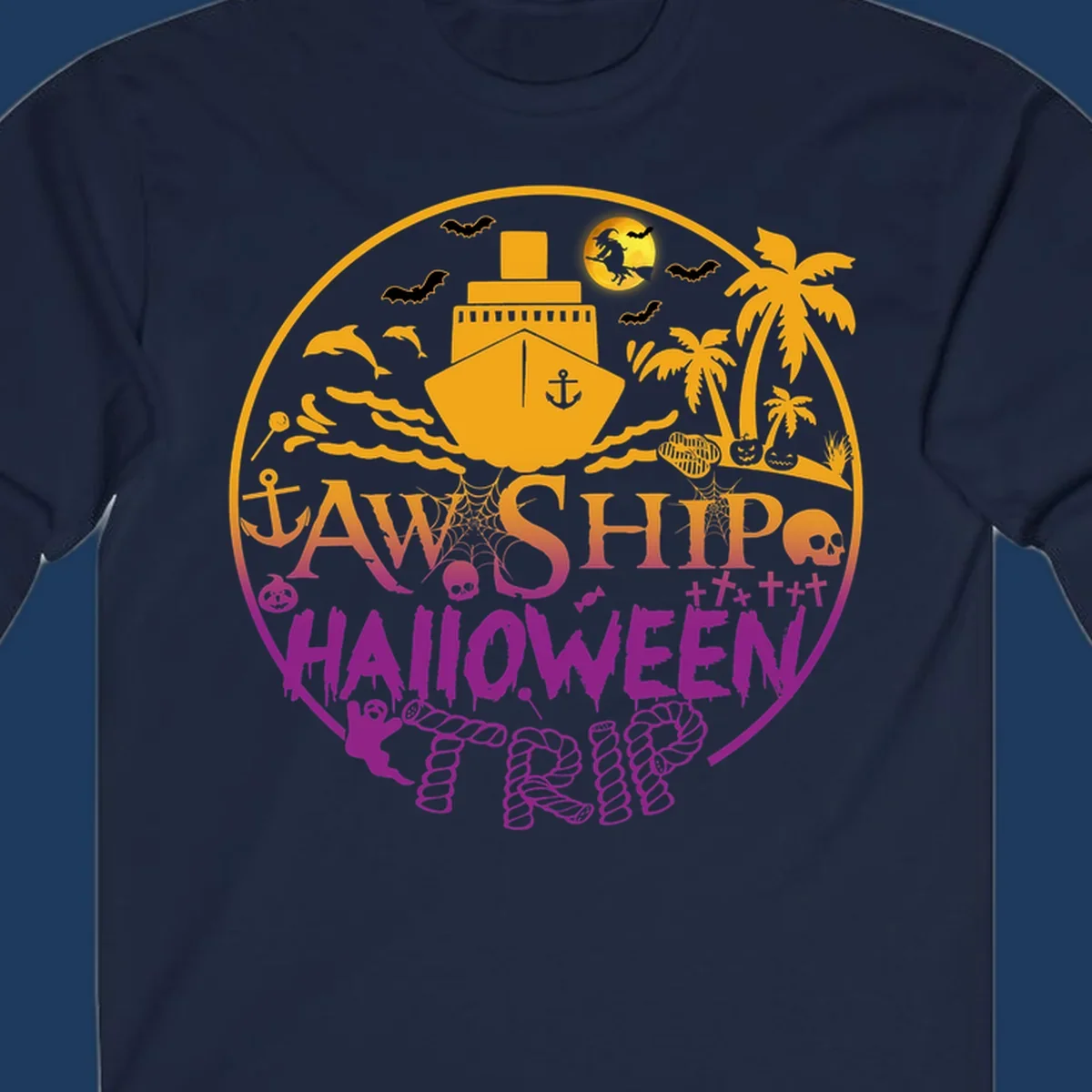 Ship halloween cruise design with witch, bats, skulls, palm trees, and ocean ship illustration in gold and magenta colors