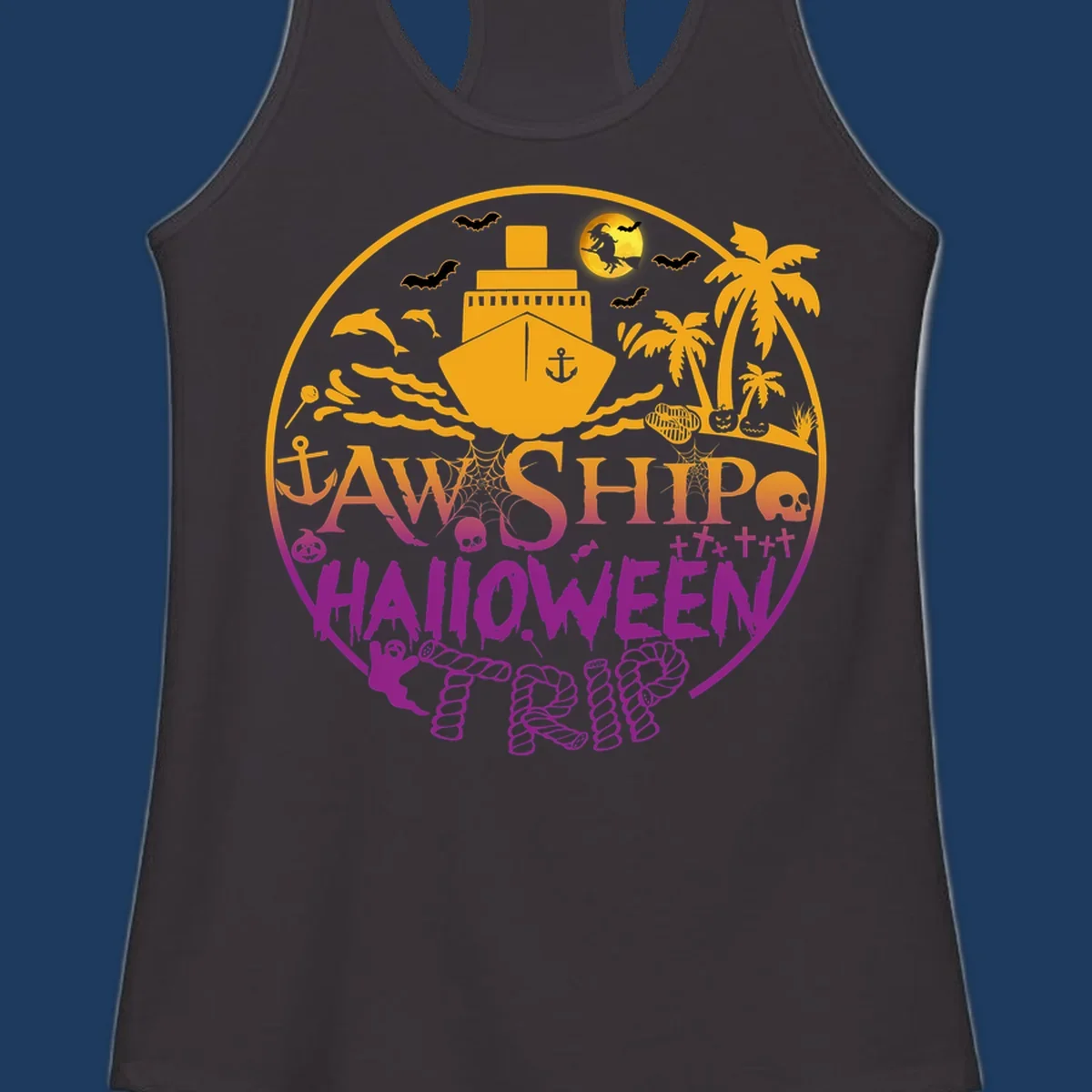Ship halloween cruise design with witch, bats, skulls, palm trees, and ocean ship illustration in gold and magenta colors