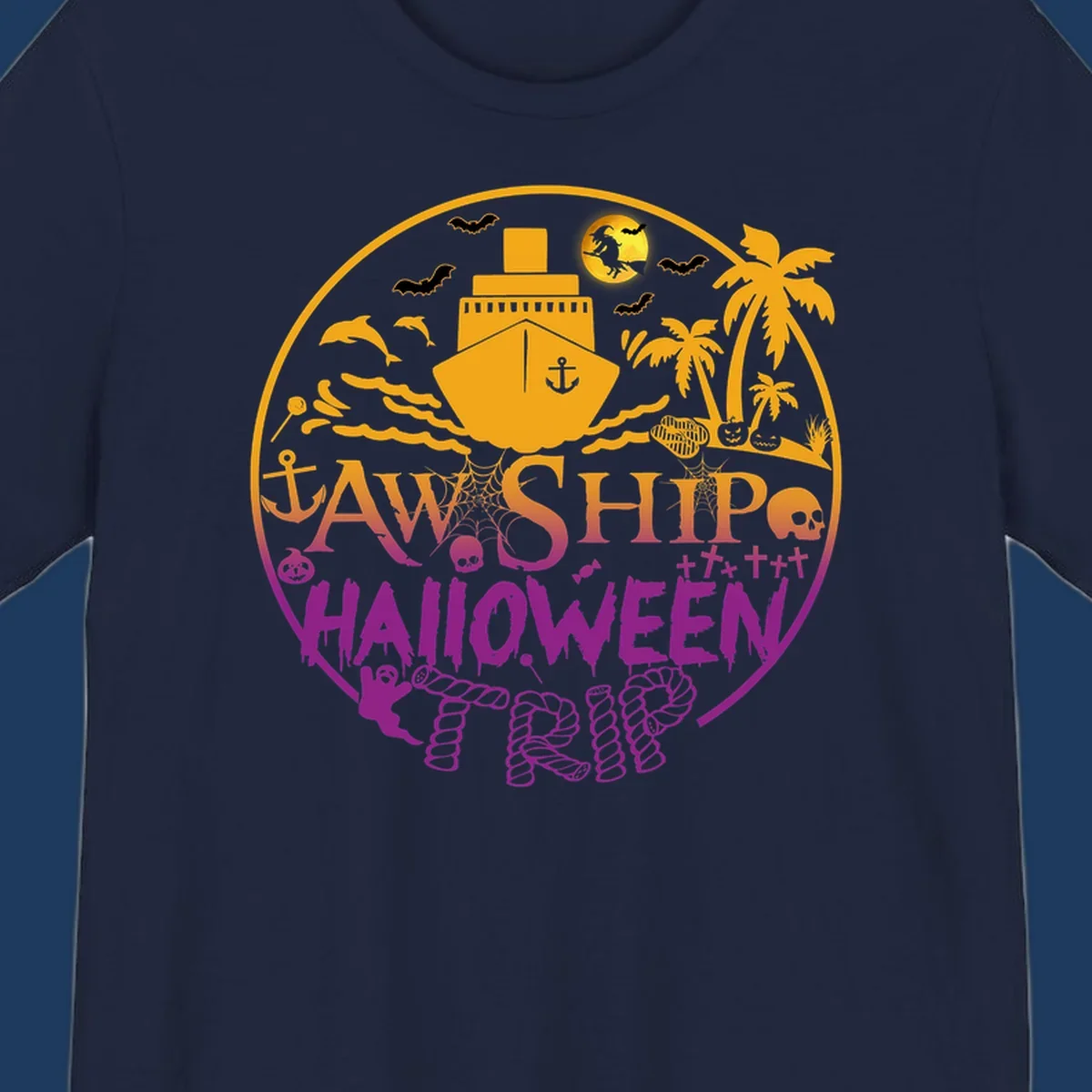 Ship halloween cruise design with witch, bats, skulls, palm trees, and ocean ship illustration in gold and magenta colors