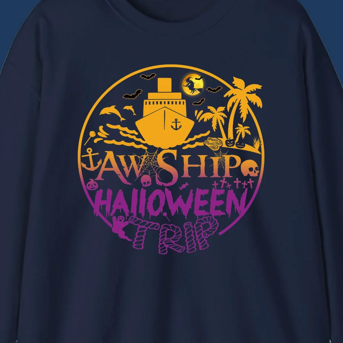 Ship halloween cruise design with witch, bats, skulls, palm trees, and ocean ship illustration in gold and magenta colors