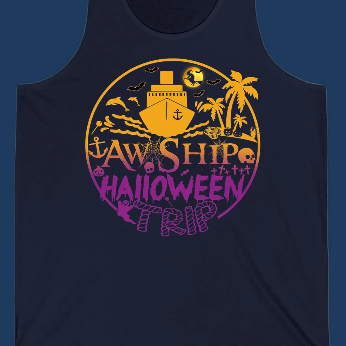 Ship halloween cruise design with witch, bats, skulls, palm trees, and ocean ship illustration in gold and magenta colors