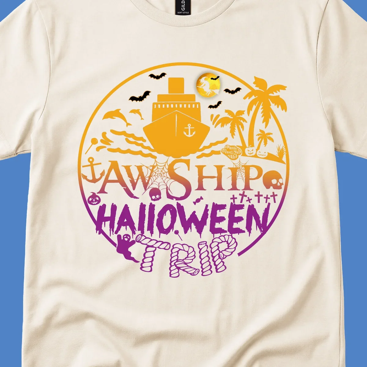 Ship halloween cruise design with witch, bats, skulls, palm trees, and ocean ship illustration in gold and magenta colors