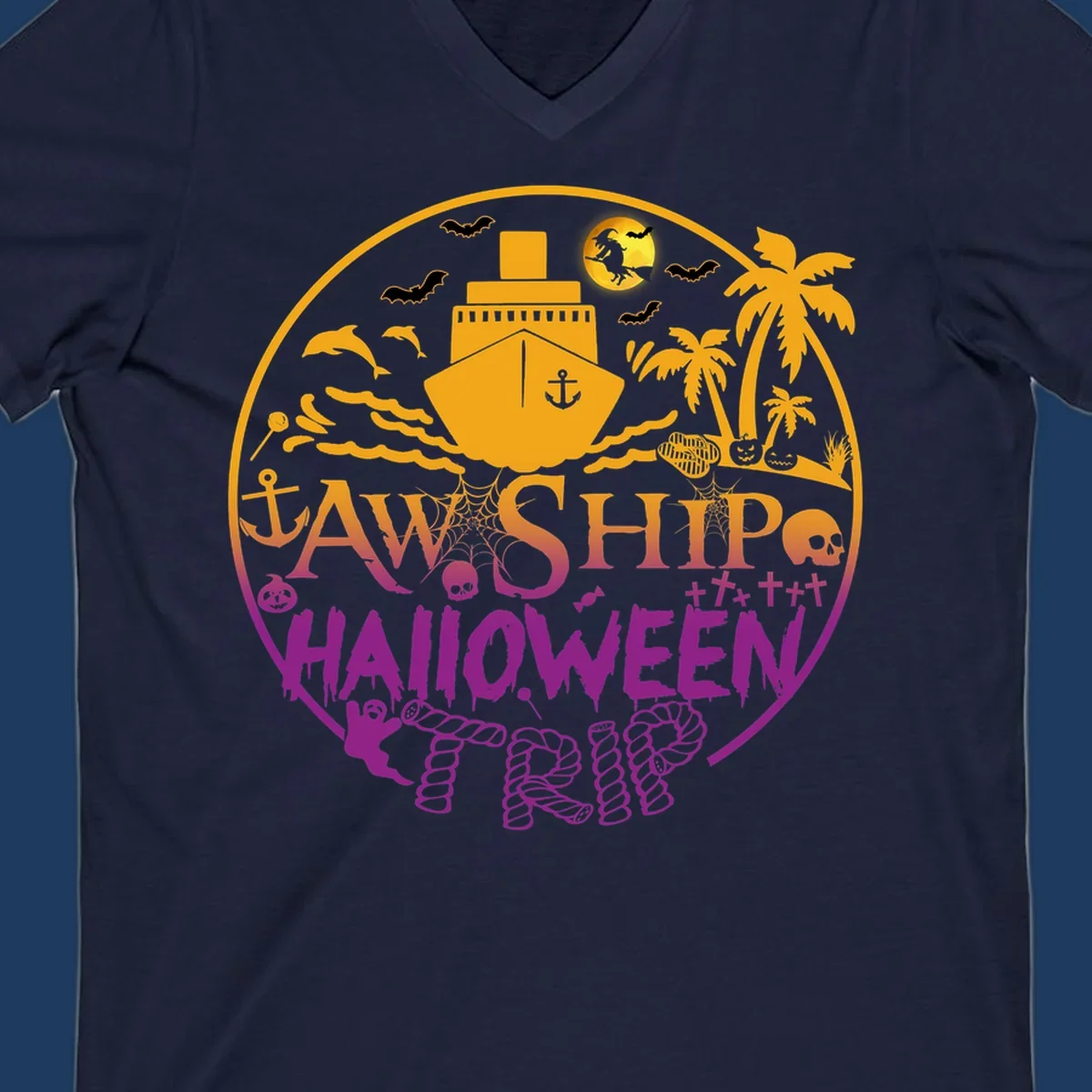 Ship halloween cruise design with witch, bats, skulls, palm trees, and ocean ship illustration in gold and magenta colors