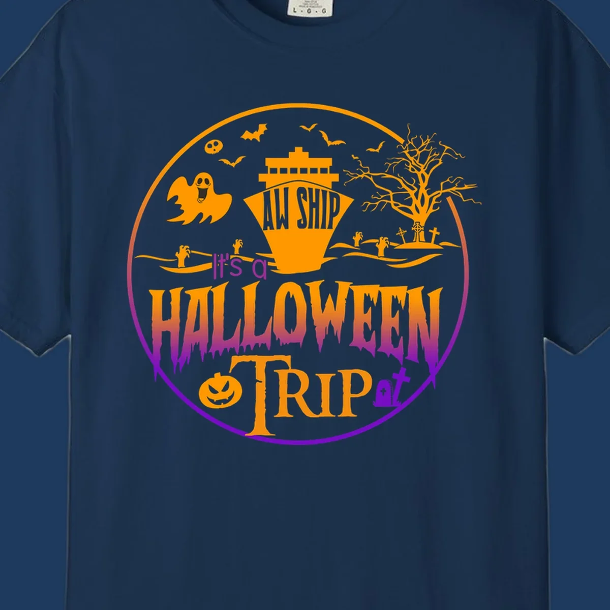 Halloween cruise trip design with spooky ship, ghosts, bats, graveyards, and haunted imagery on gray background