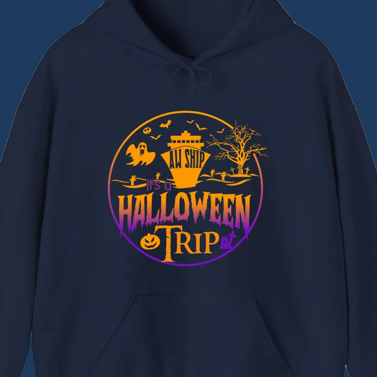 Halloween cruise trip design with spooky ship, ghosts, bats, graveyards, and haunted imagery on gray background