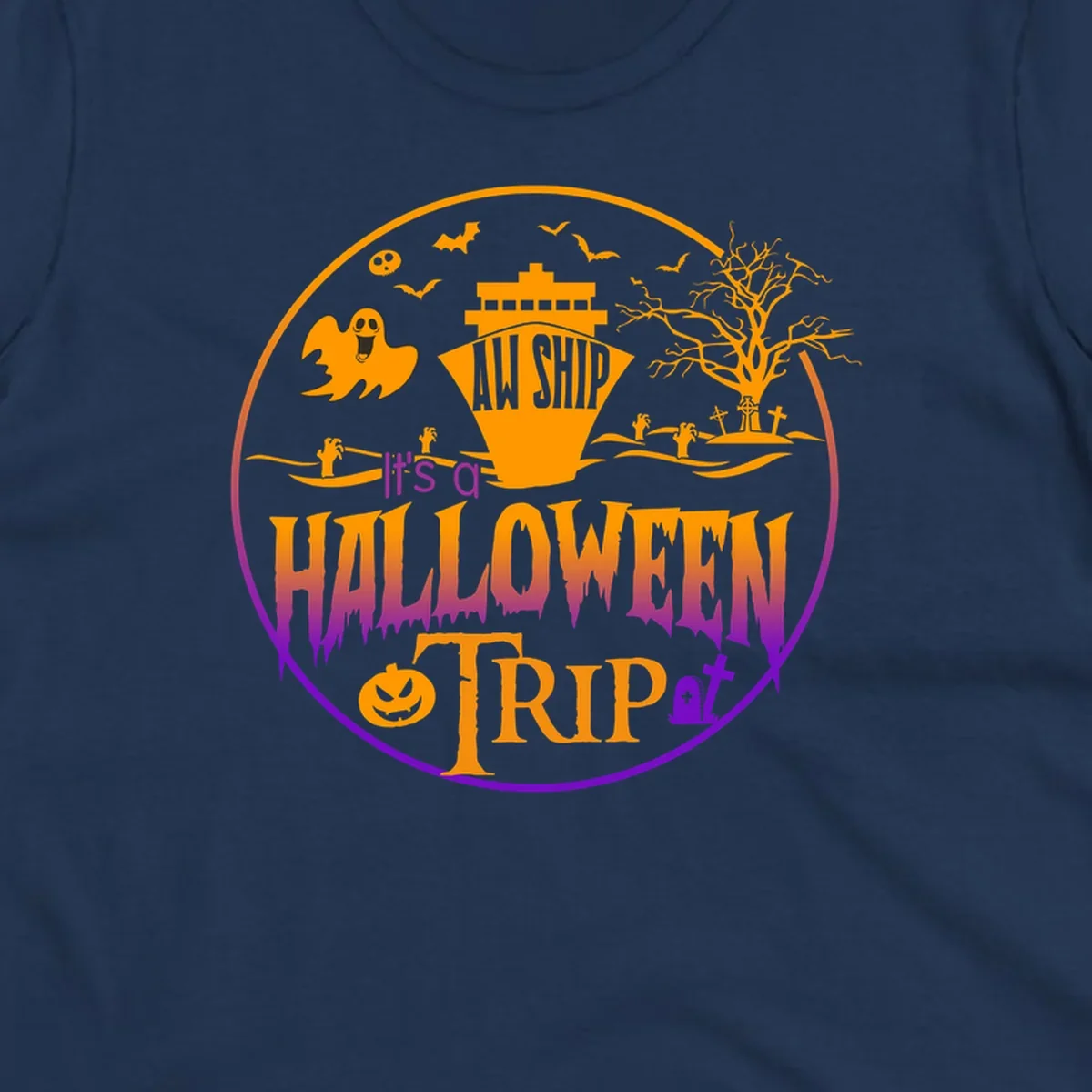 Halloween cruise trip design with spooky ship, ghosts, bats, graveyards, and haunted imagery on gray background