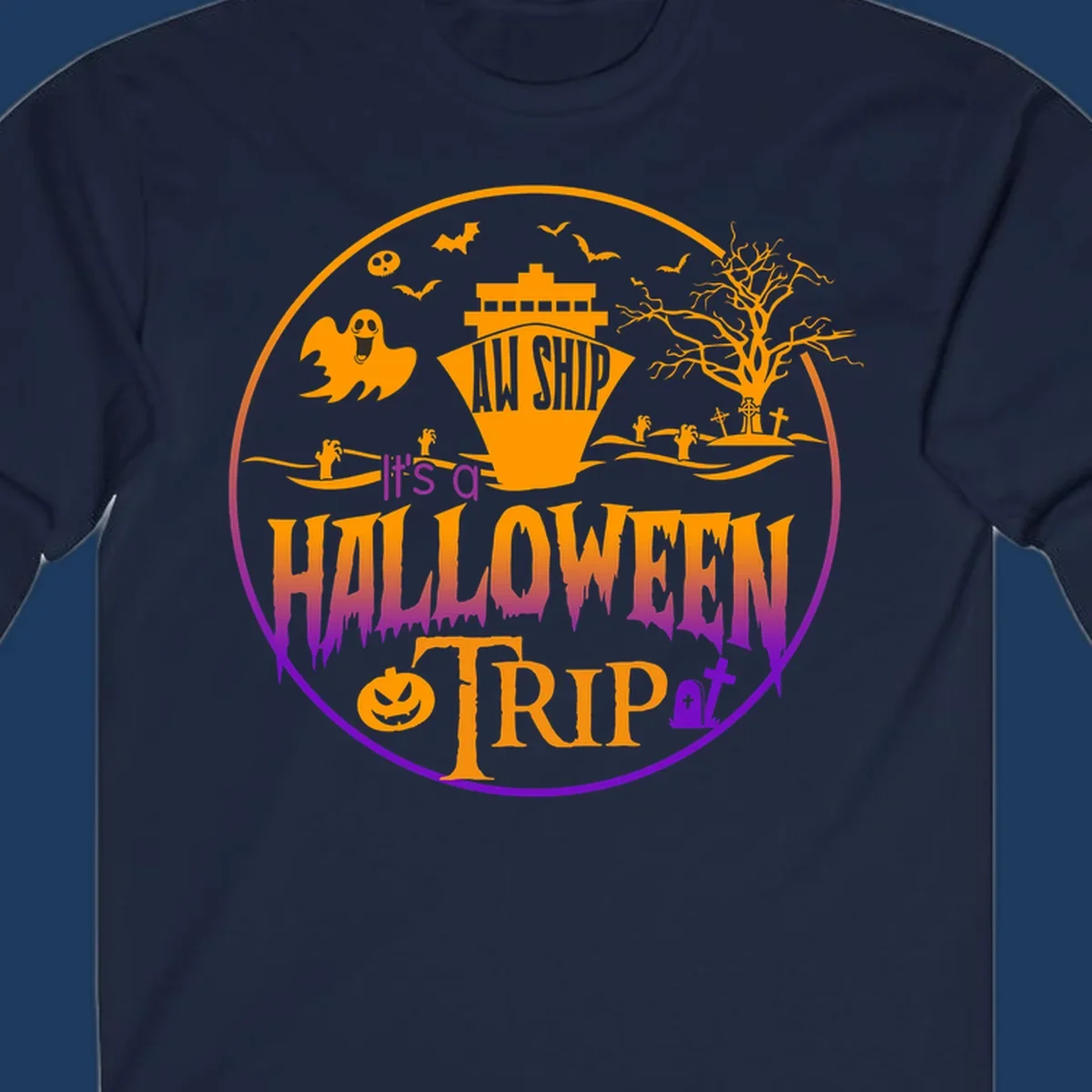 Halloween cruise trip design with spooky ship, ghosts, bats, graveyards, and haunted imagery on gray background