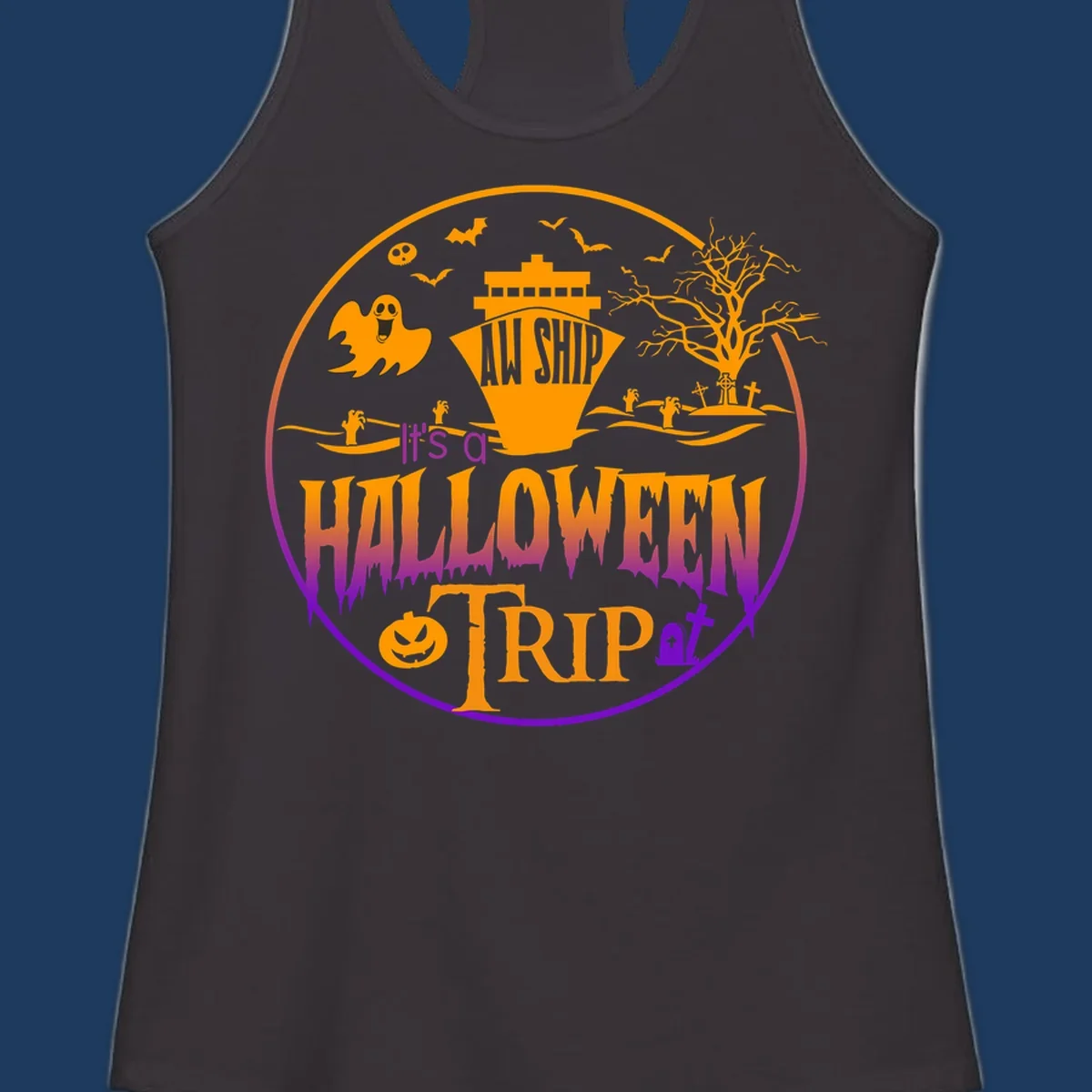 Halloween cruise trip design with spooky ship, ghosts, bats, graveyards, and haunted imagery on gray background