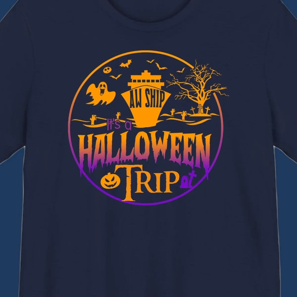 Halloween cruise trip design with spooky ship, ghosts, bats, graveyards, and haunted imagery on gray background