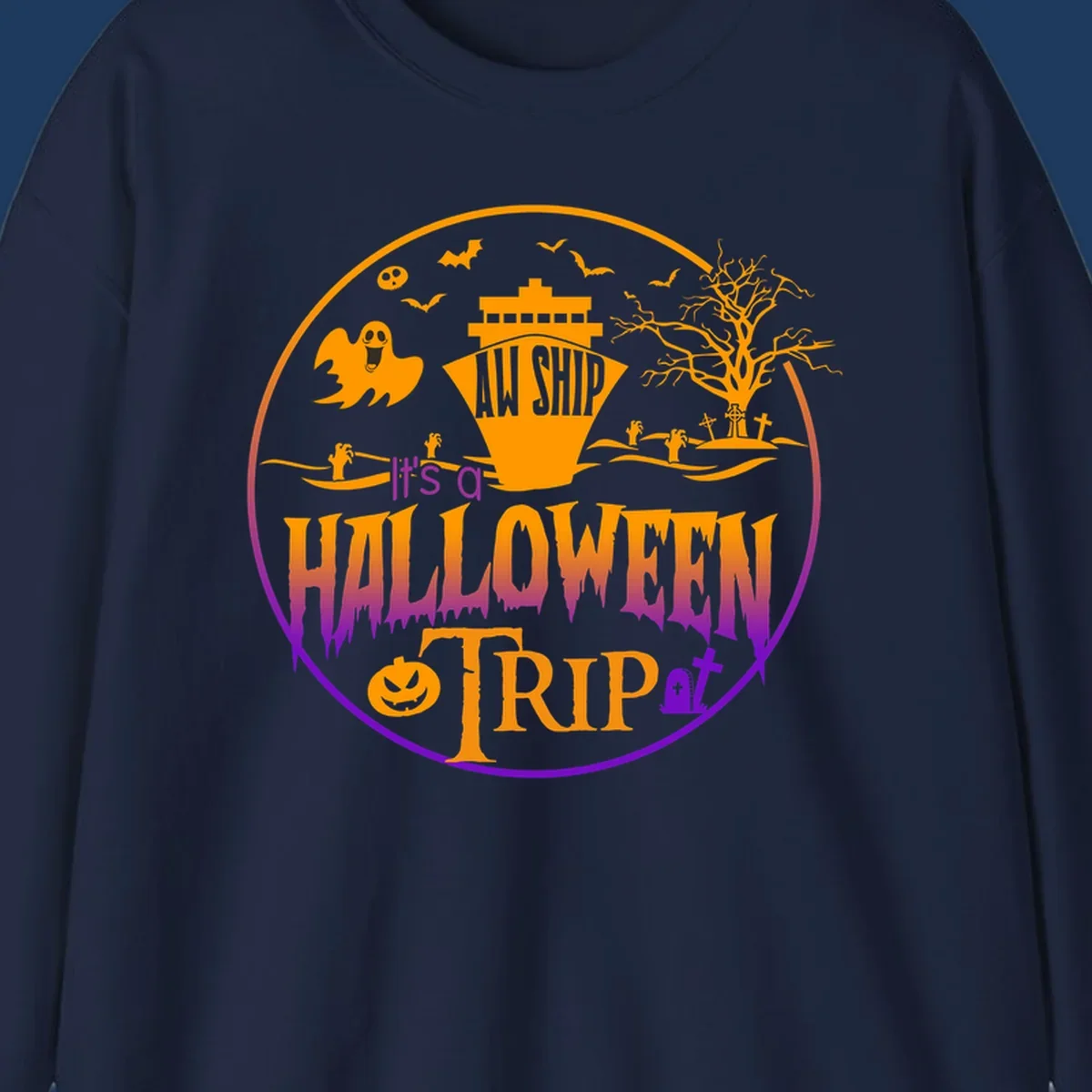Halloween cruise trip design with spooky ship, ghosts, bats, graveyards, and haunted imagery on gray background
