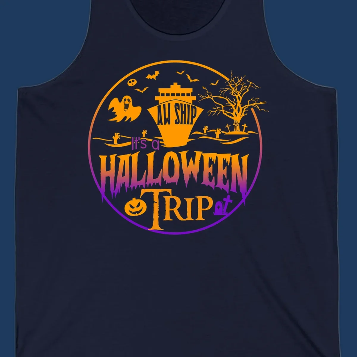 Halloween cruise trip design with spooky ship, ghosts, bats, graveyards, and haunted imagery on gray background