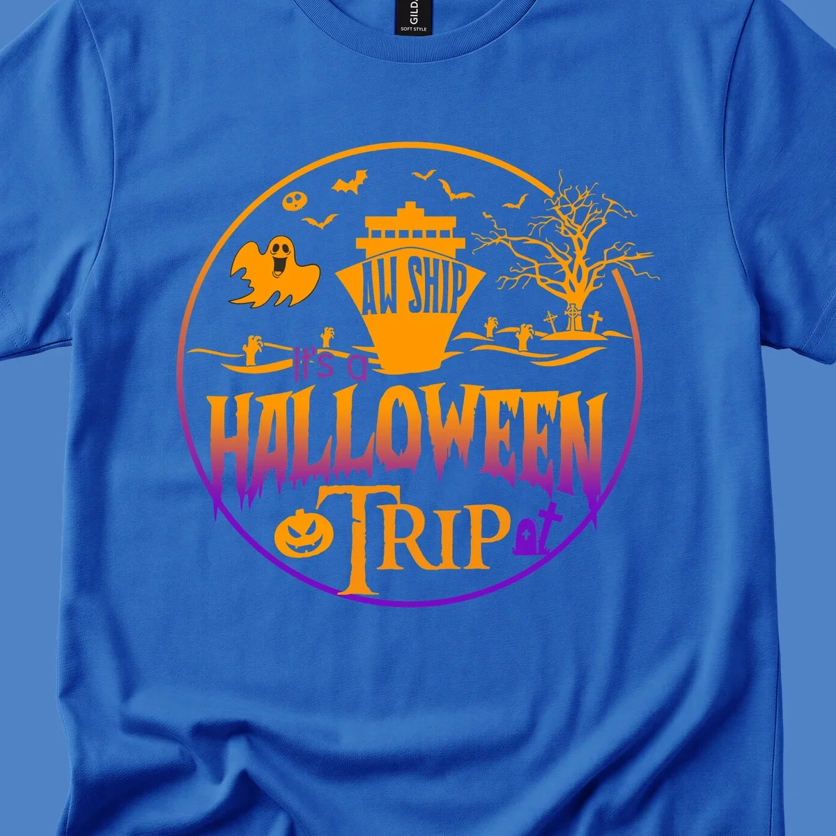 Halloween cruise trip design with spooky ship, ghosts, bats, graveyards, and haunted imagery on gray background