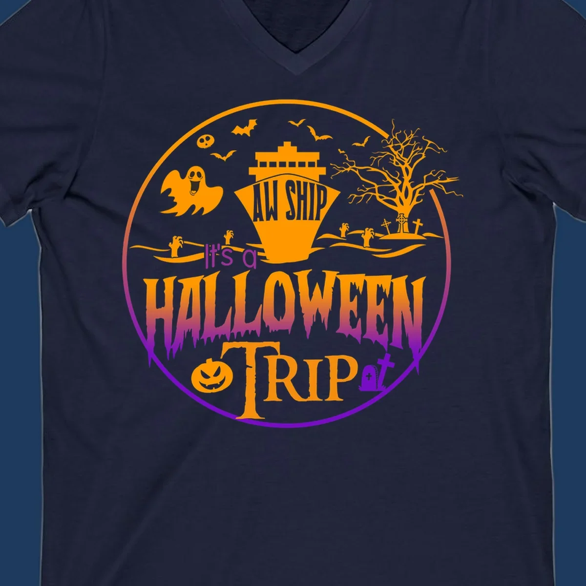 Halloween cruise trip design with spooky ship, ghosts, bats, graveyards, and haunted imagery on gray background