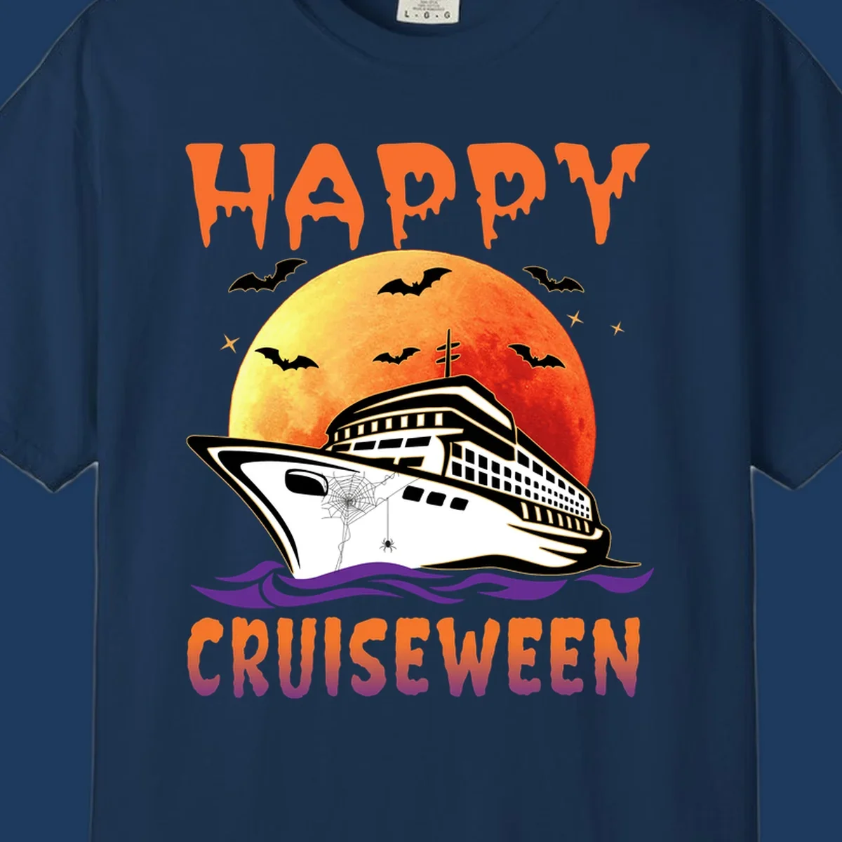 Spooky cruise ship design with full moon, bats, and spider web—Halloween cruiseween artwork