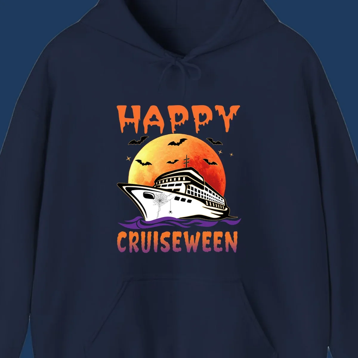 Spooky cruise ship design with full moon, bats, and spider web—Halloween cruiseween artwork