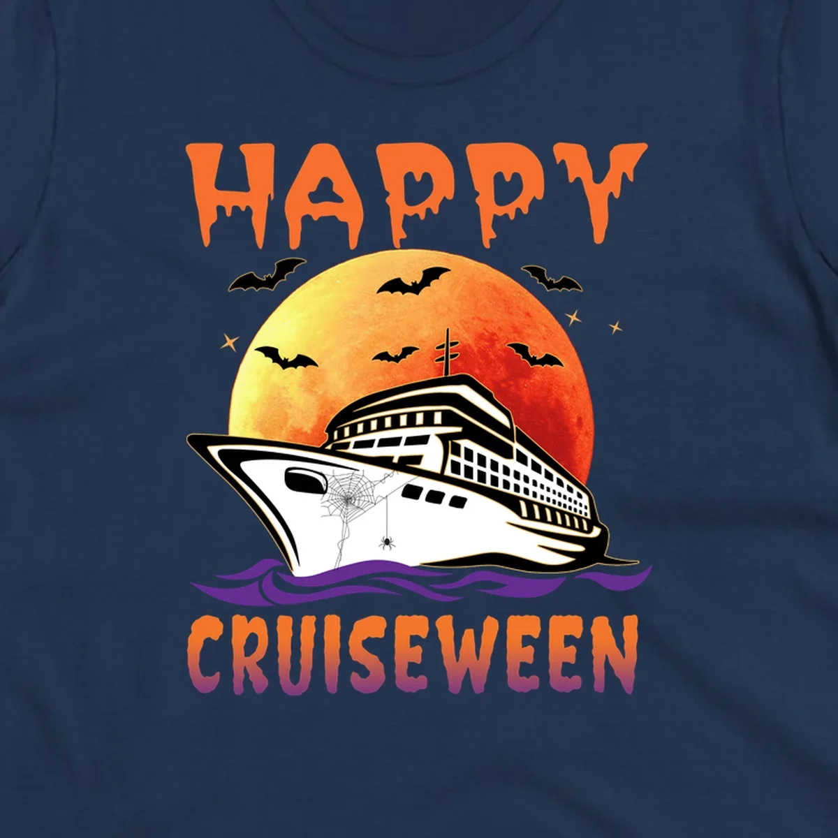 Spooky cruise ship design with full moon, bats, and spider web—Halloween cruiseween artwork