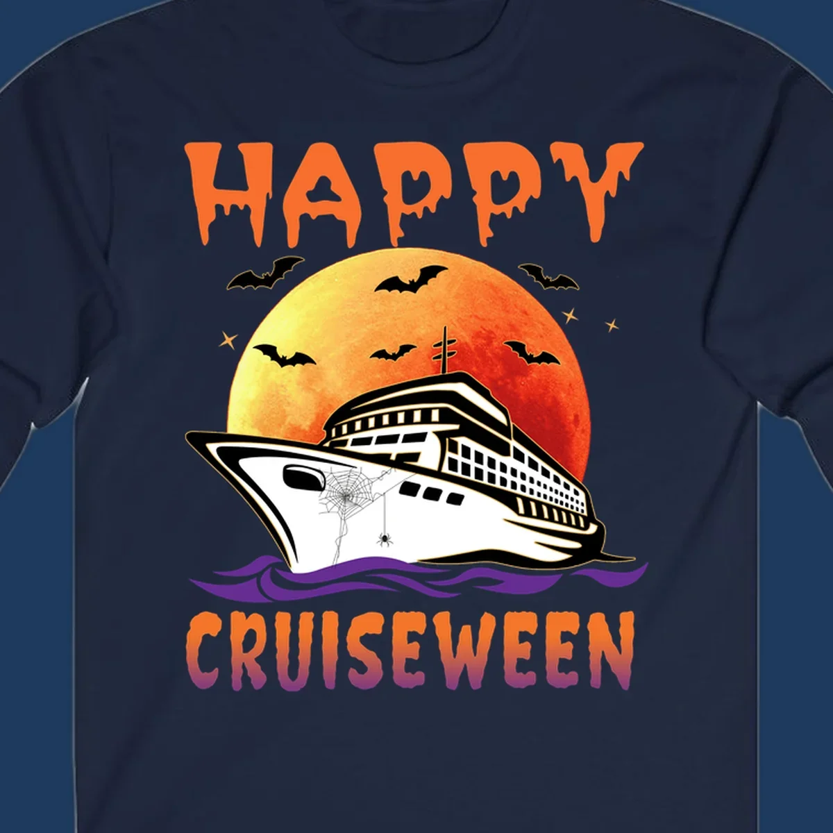 Spooky cruise ship design with full moon, bats, and spider web—Halloween cruiseween artwork