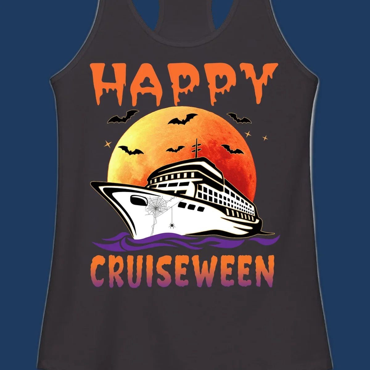 Spooky cruise ship design with full moon, bats, and spider web—Halloween cruiseween artwork
